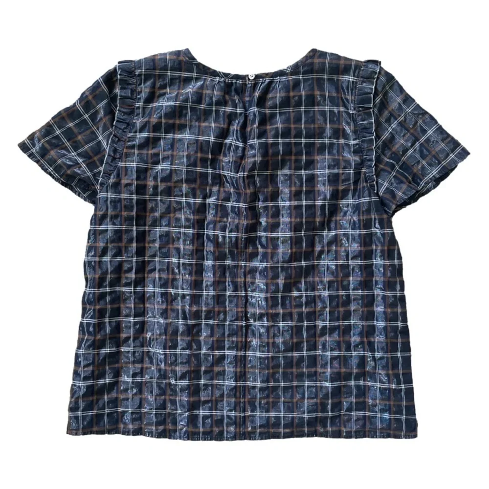 LOFT Metallic Navy Plaid Ruffle Short Sleeve Top, L - Picture 4 of 12